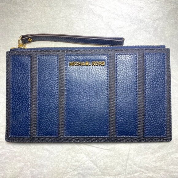 Michael Kors Handbags - Michael Kors 35S7GBJW7C Brooklyn Applique Large Zip Clutch in Navy